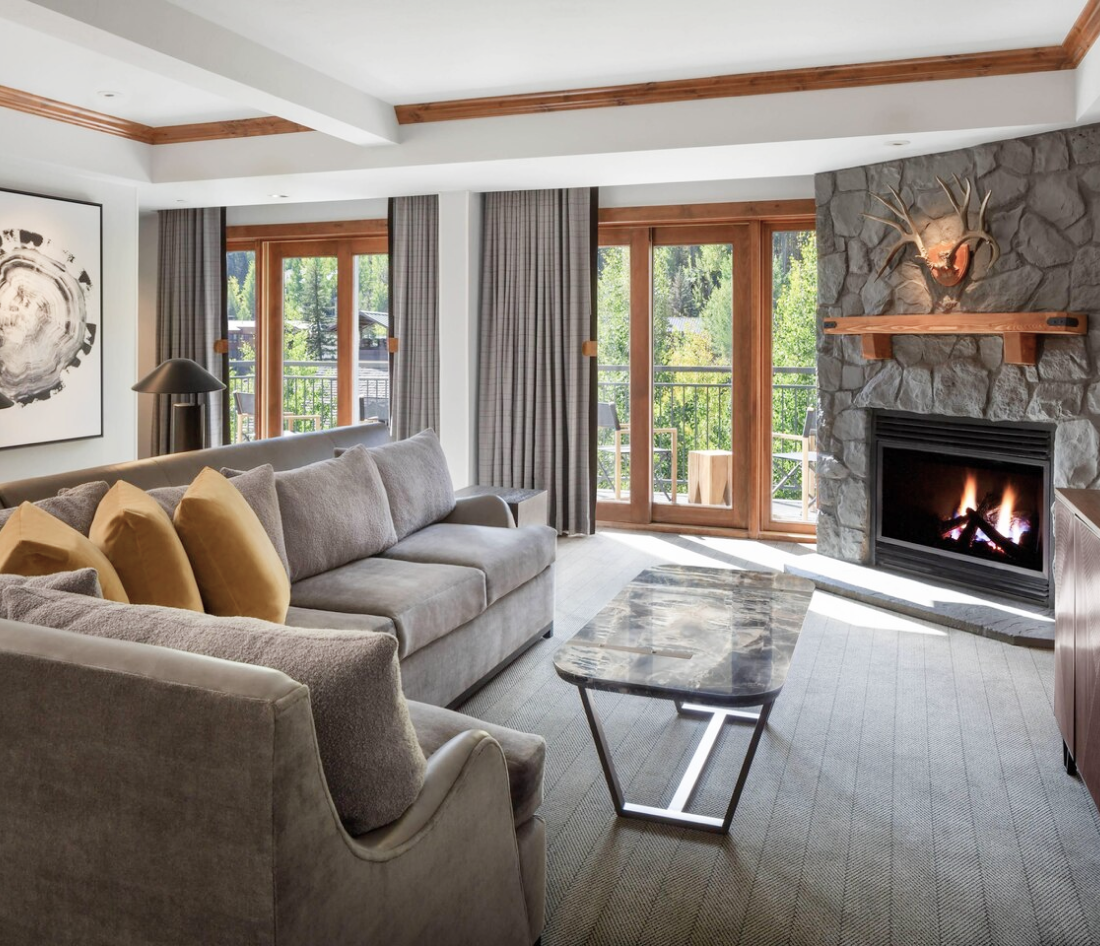 the living room of a suite at The Hythe Vail