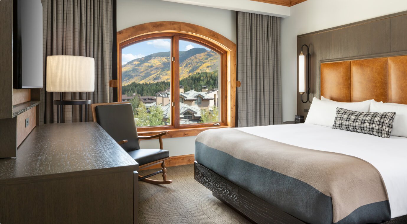 A king bed from a room at The Hythe Vail