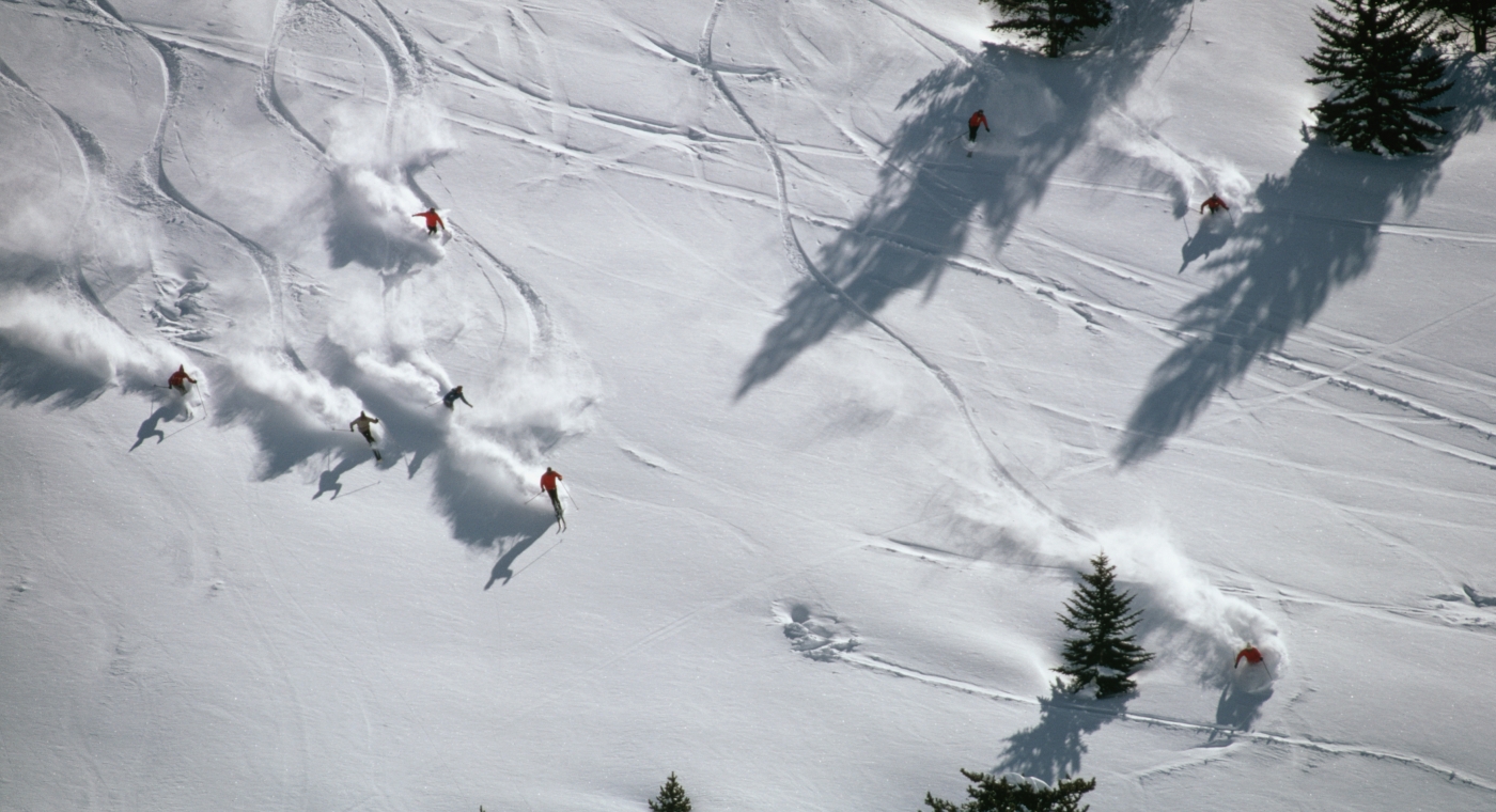 Aerial View of Skiers on Powdery Slope in Vail CO