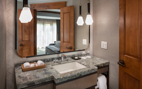 The bathroom vanity from the Timberline Suite at The Hythe Vail