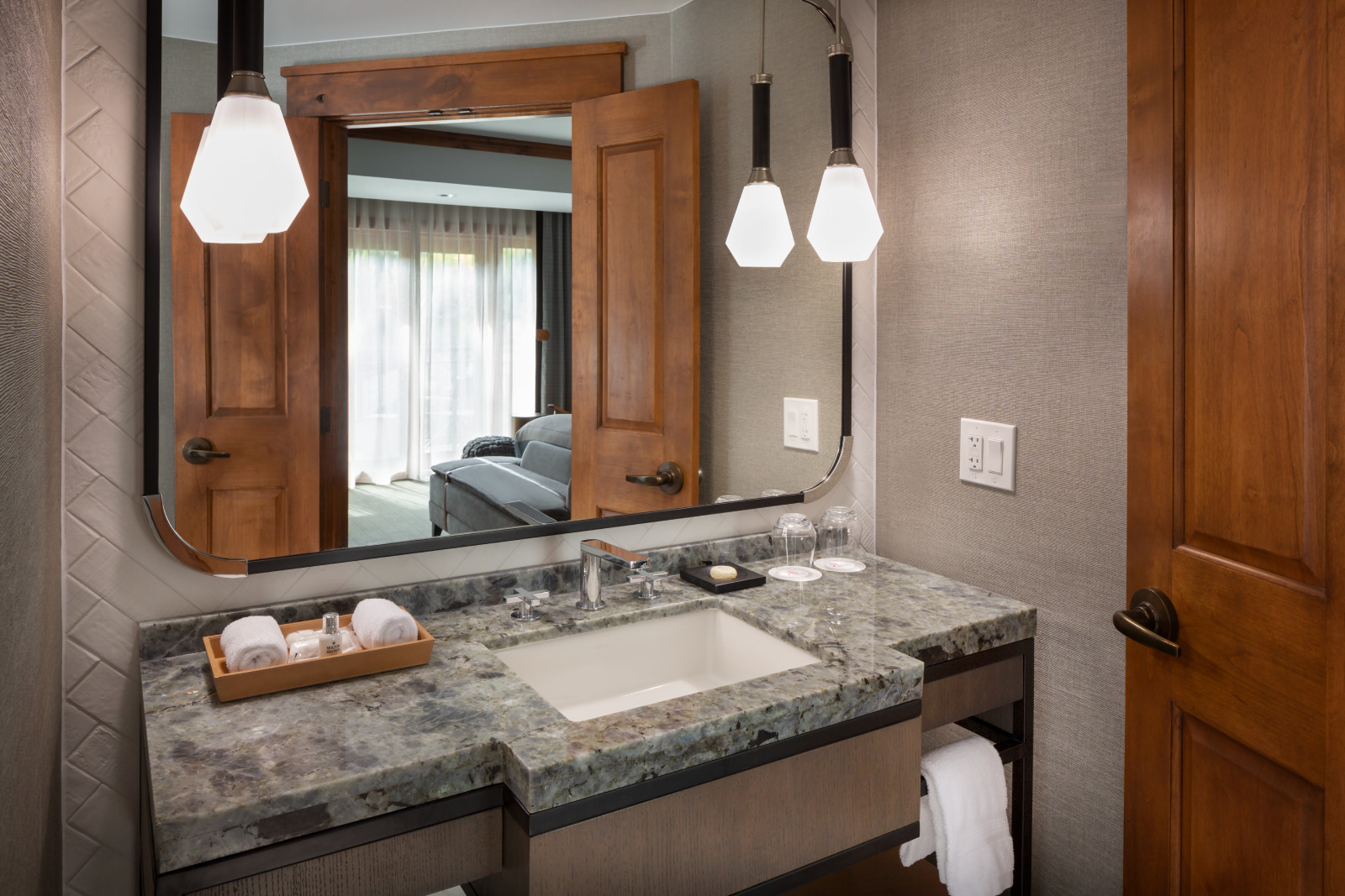 The bathroom vanity from the Timberline Suite at The Hythe Vail