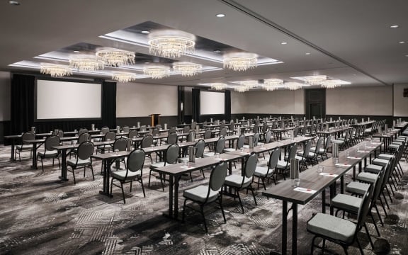 The classroom configuration of the Colorado Ballroom at The Hythe Vail CO