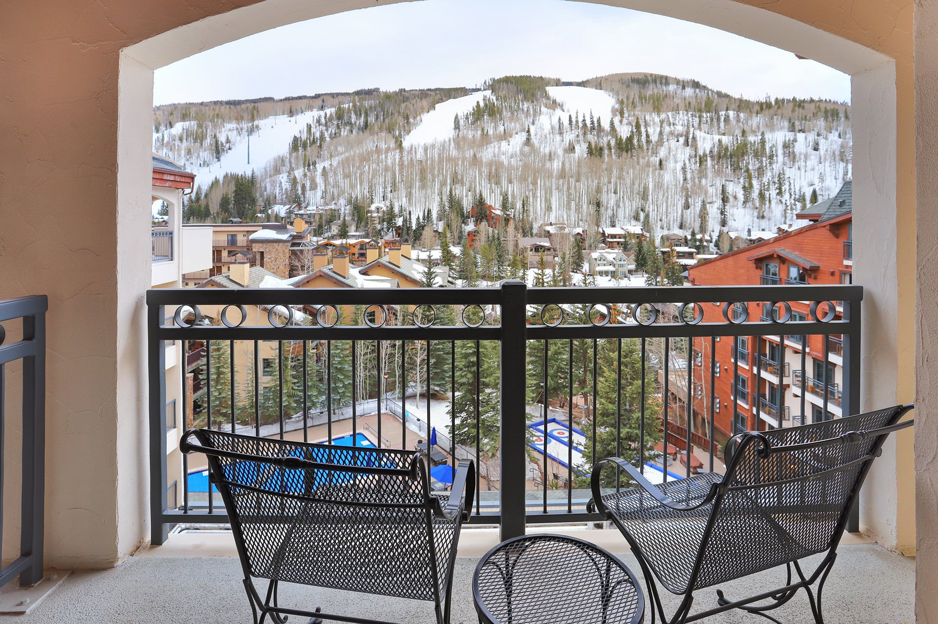The balcony overlooking the mountains from the 3 bedroom suite at The Hythe Vail CO