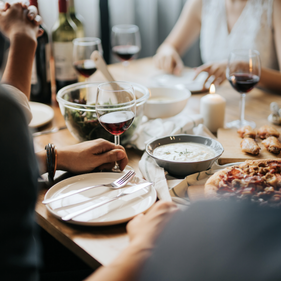 Table setting with wine and food