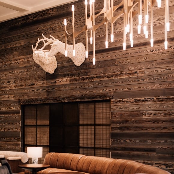 Deer antlers on a wooden wall with a chandelier