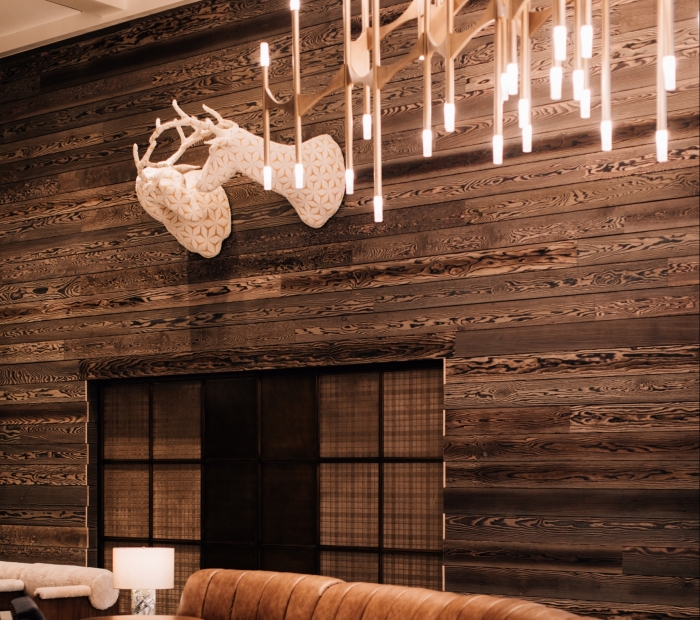 Deer antlers on a wooden wall with a chandelier
