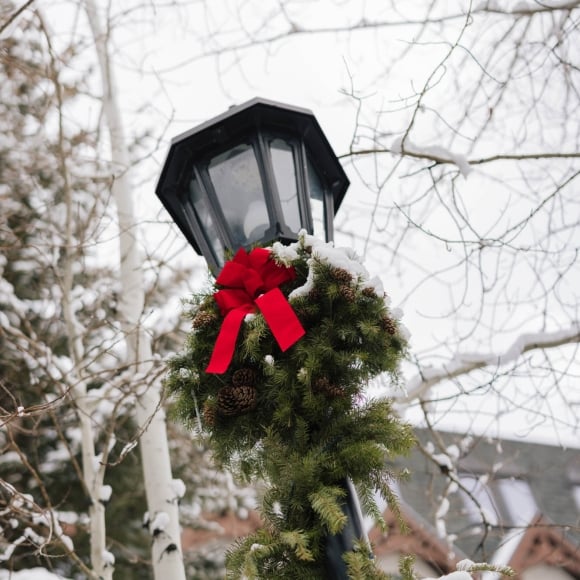 Closeup of street lamp during holidays